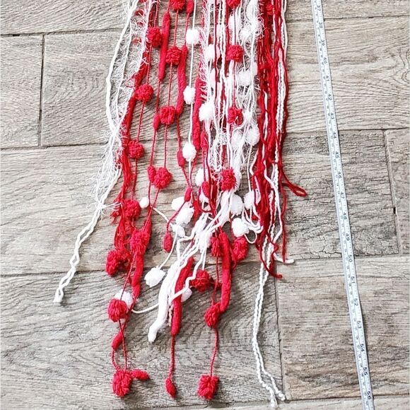 Hand Crafted Boho Wall Hanging Decor or Scarves Red White and Silver set of 4 - Picture 12 of 14